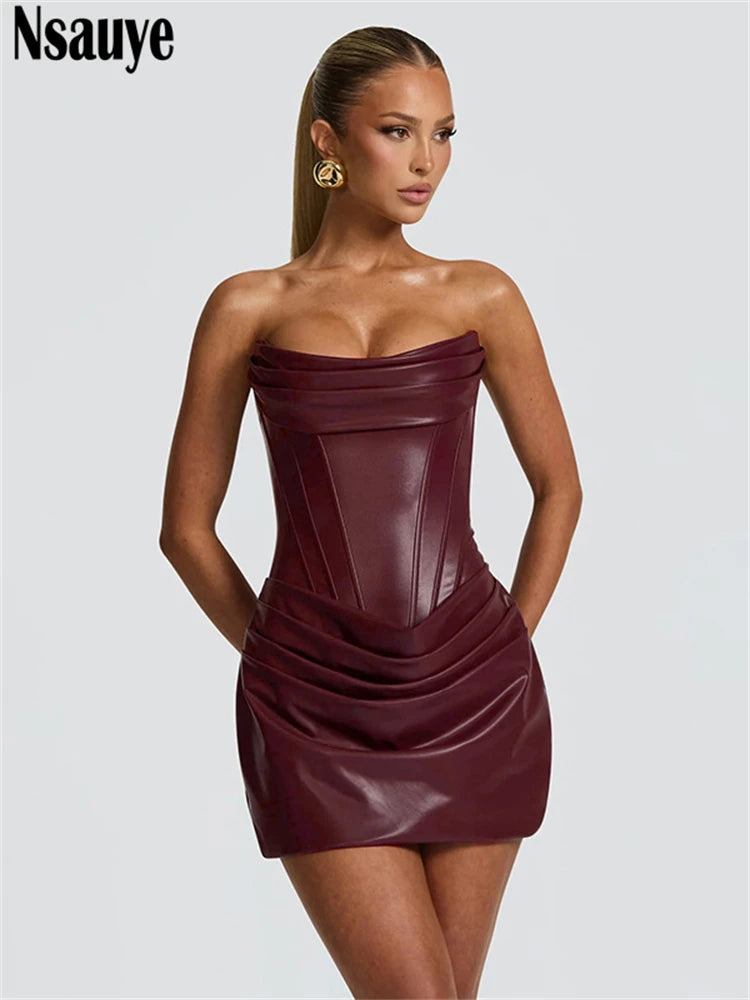 Nsauye Sexy Women Strapless Night Club PU Leather Mini Corset Dress Evening Party Fashion Elegant Short Wrap Dress Winter 2025