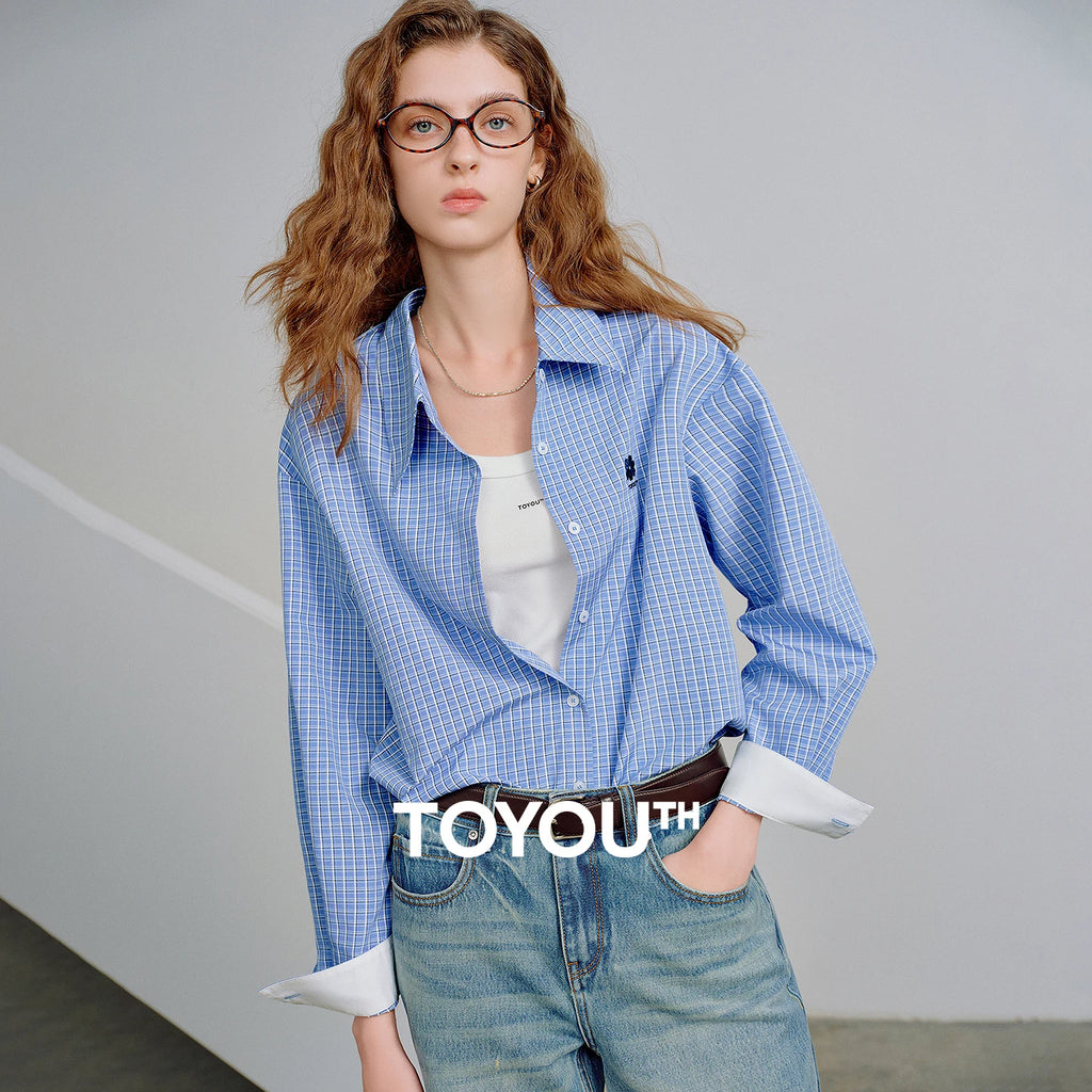 TOYOUTH Women Shirts 2026 Spring New Plaid Loose Fit Casual Layering Elegant Shirt Tops