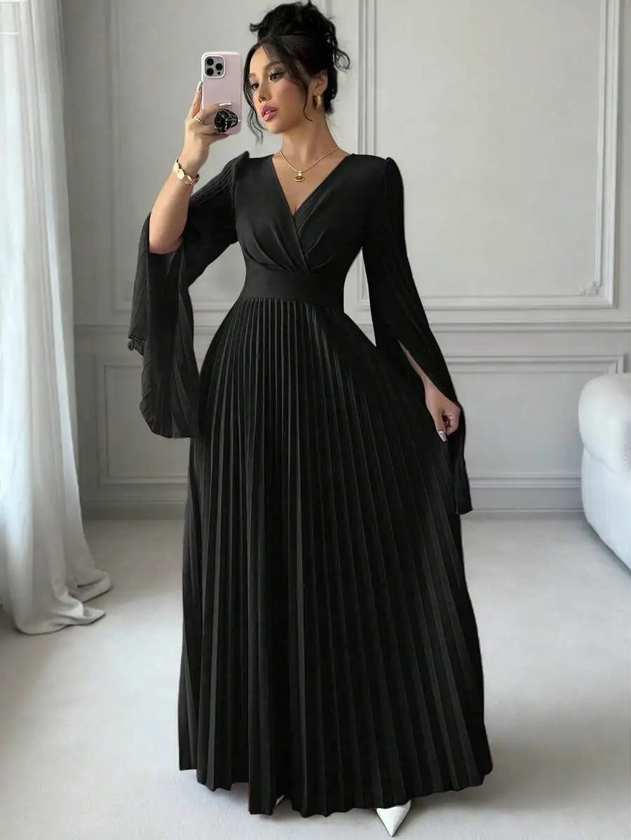 Lavender V-Neck Pleated Maxi Dress with Bell Sleeves Elegant Formal Gown