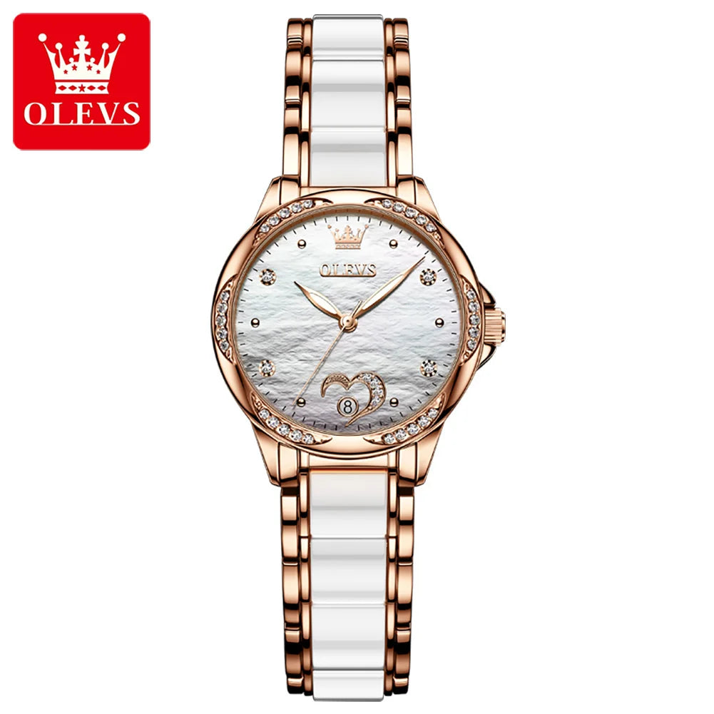 OLEVS 6631 Automatic Watches for Women Elegant Rose Gold Ceramics Strap Diamond Bezel Waterproof Women's Mechanical Wristwatches