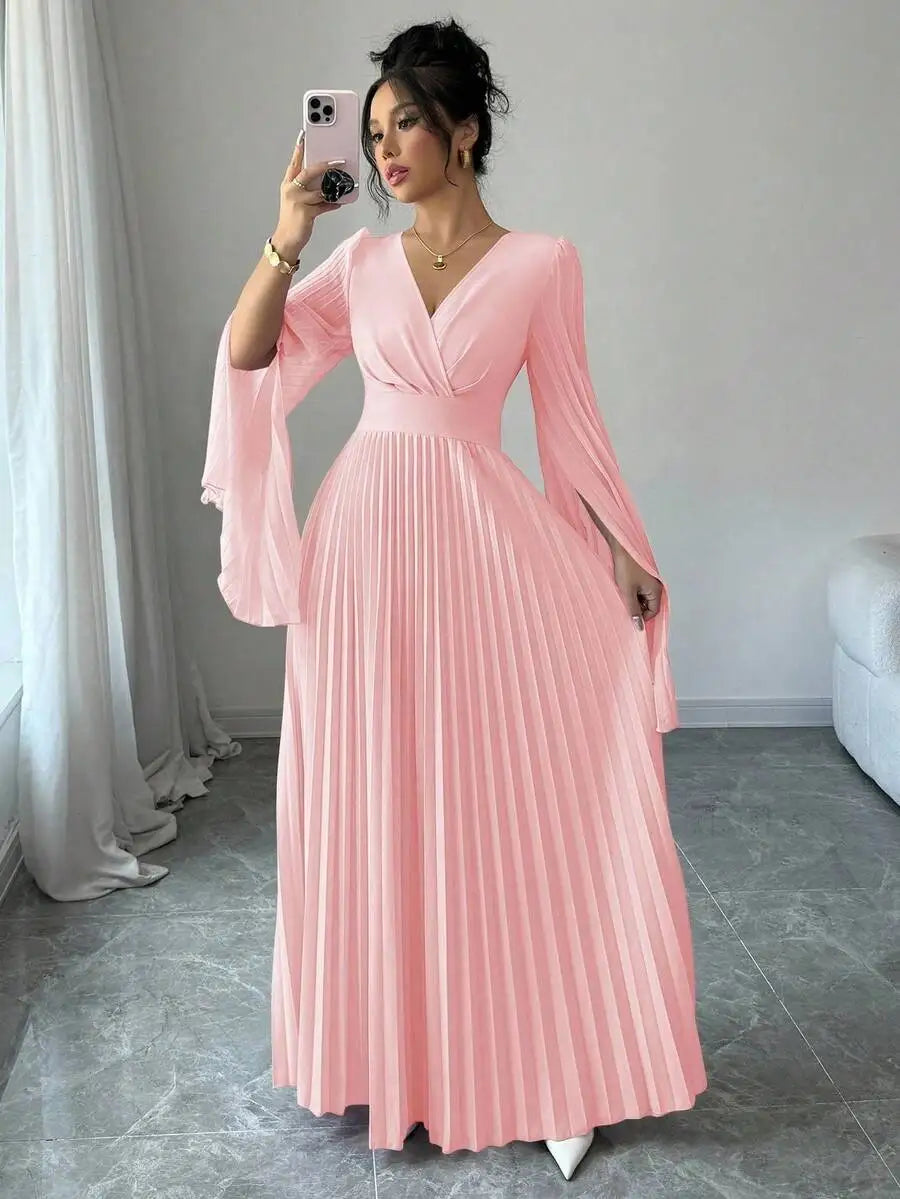 Lavender V-Neck Pleated Maxi Dress with Bell Sleeves Elegant Formal Gown