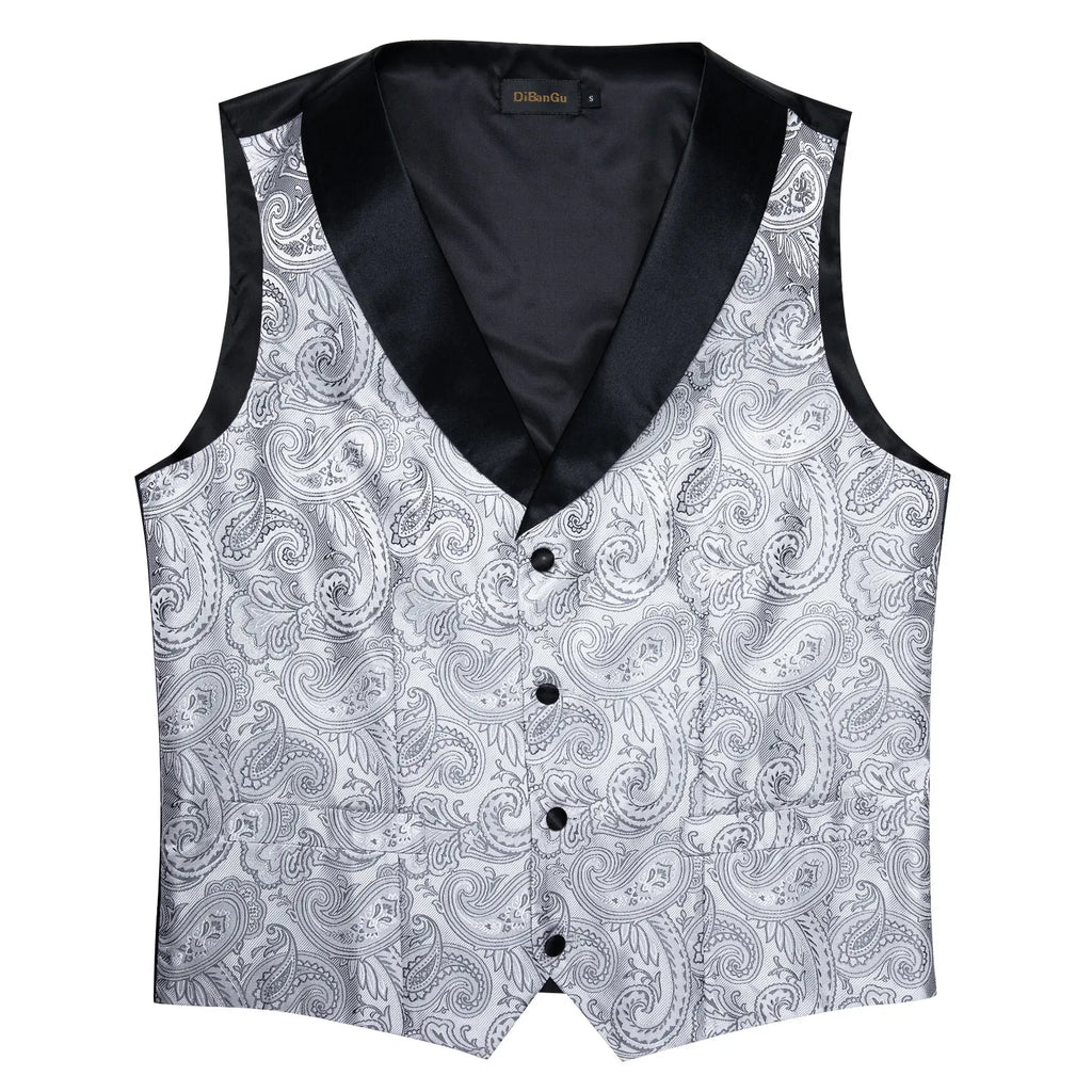 Suit Vest Set For Men Wedding Luxury Gray Paisley Dress Vests Necktie Clip Cufflinks Handkerchief Male Sleeveless Waistcoat Gift