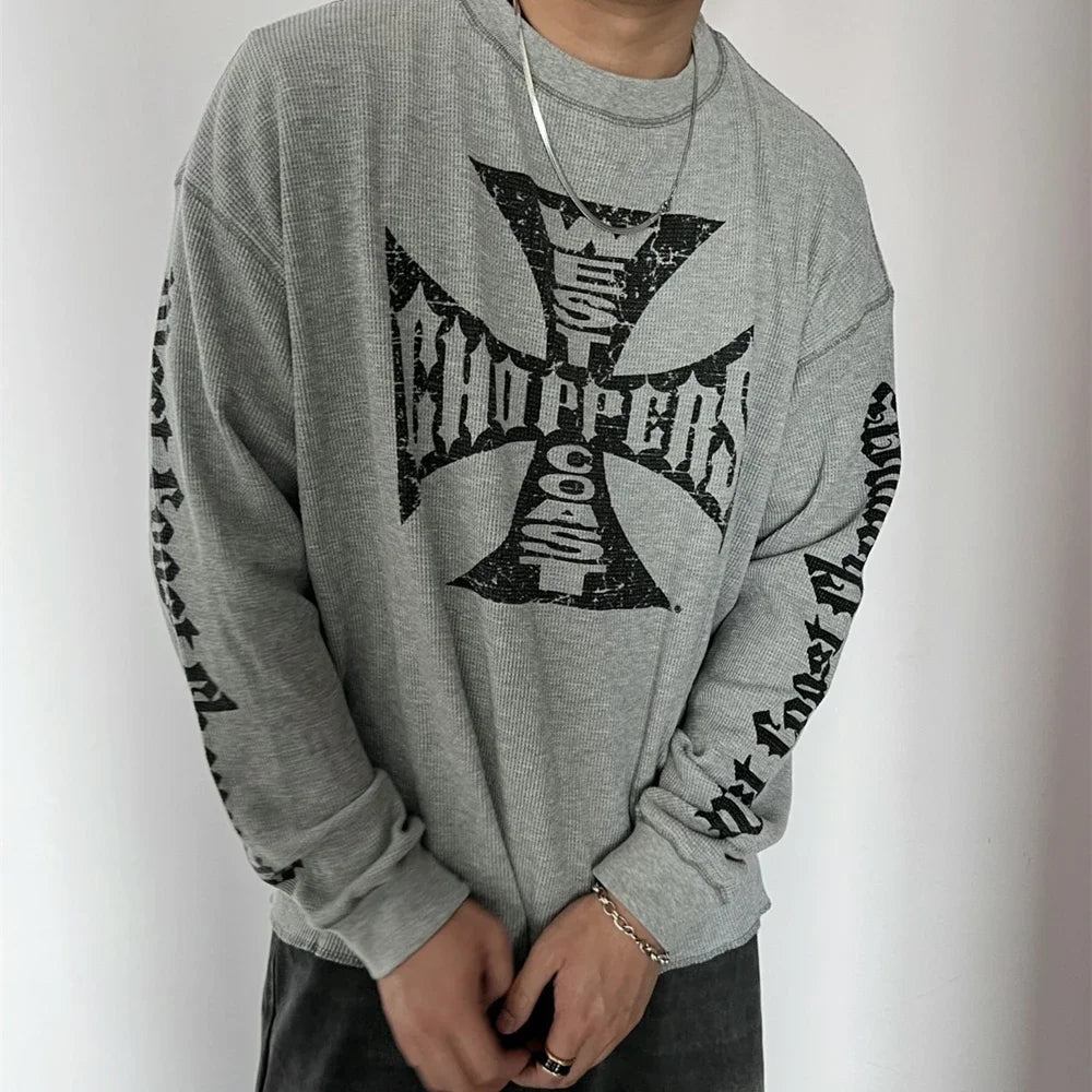 Yao Fashion Vintage Loose Streetwear HipHop Sanskrit Logo Print Tee High Quality Long Sleeve Oversize Y2k T Shirt For Men