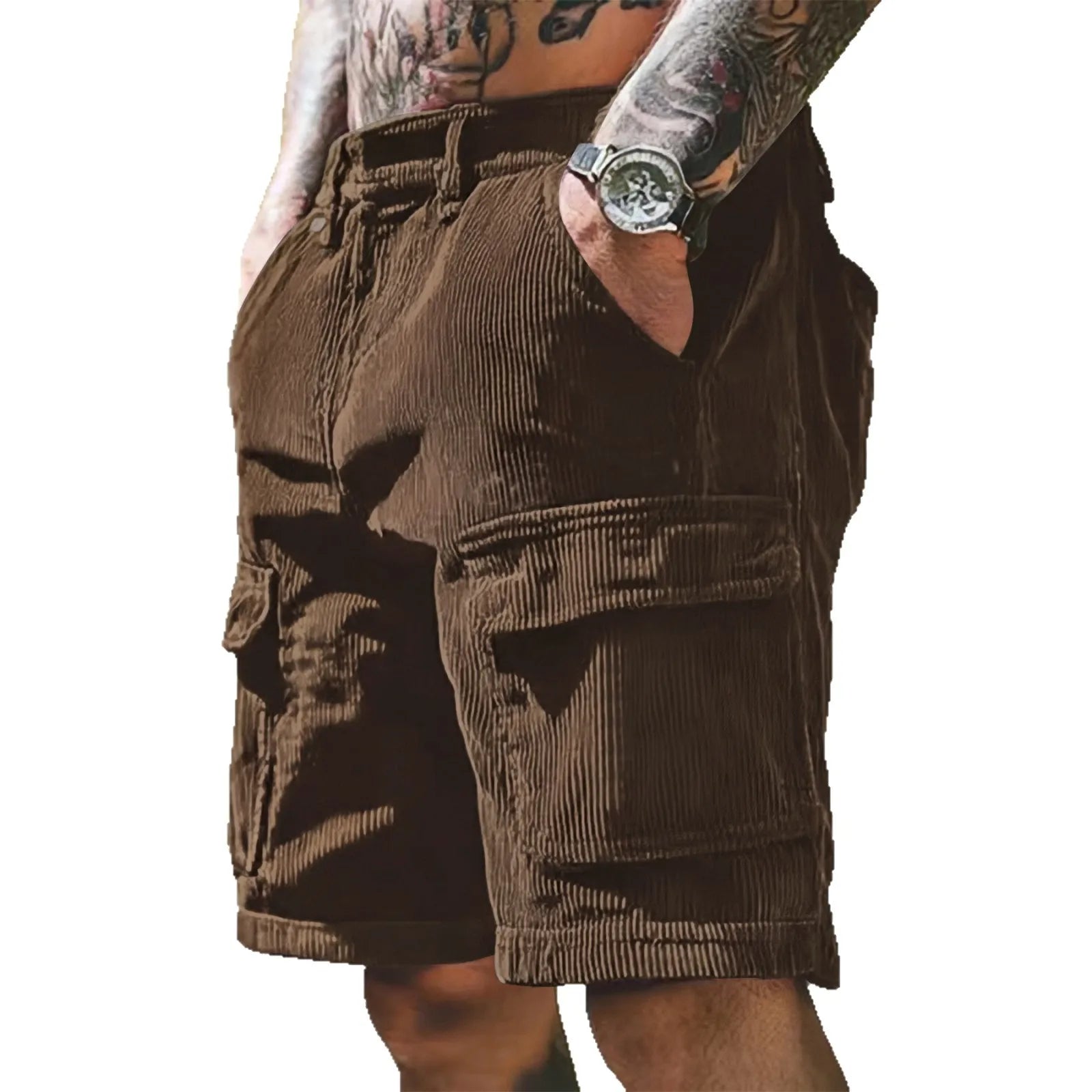 Summer Men's Corduroy Casual Shorts Solid Color Multi Pocket Safari Style Loose Shorts Men Fashion Straight Sports Knee Length