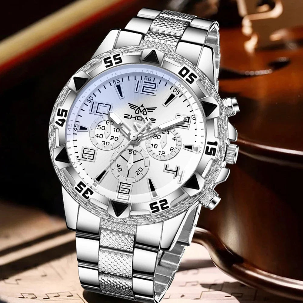 4PCS Silver Men's Fashion Casual Mixed Scale Dial Quartz Watch Bracelet Necklace Ring Set Suitable for Daily Wear Decoration