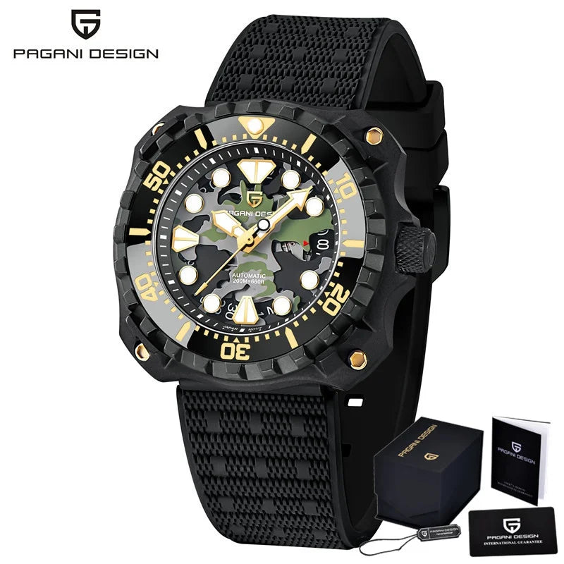 PAGANI DESIGN Men's Mechanical Watch Military Camouflage Hollow Dial NH35 Movt Sapphire 200m Waterproof Automatic Wristwatch