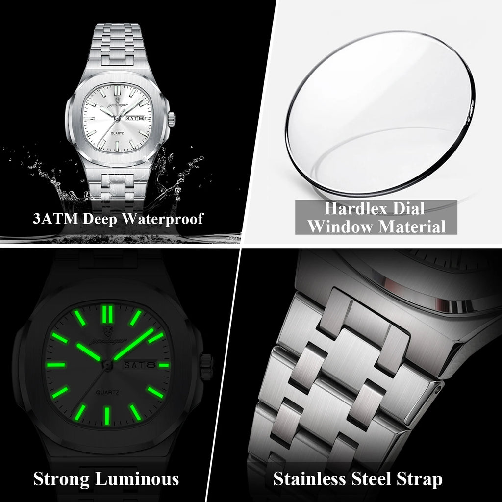 POEDAGAR Top Fashion Square Watch For Woman Luminous Waterproof Date Week Ladies Watch Stainless Steel Women's Quartz Wristwatch