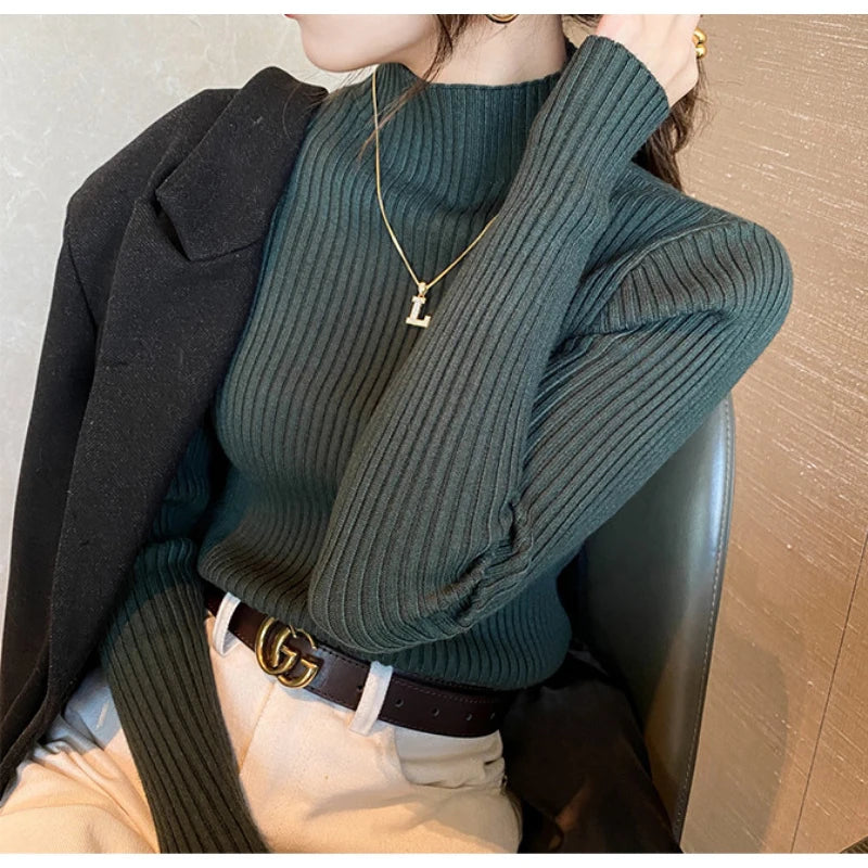 New Women's Elegant Solid Basic Knitted Tops Women Turtlneck Sweater Long Sleeve Casual Slim Pullover Fashion Simple Chic Tops
