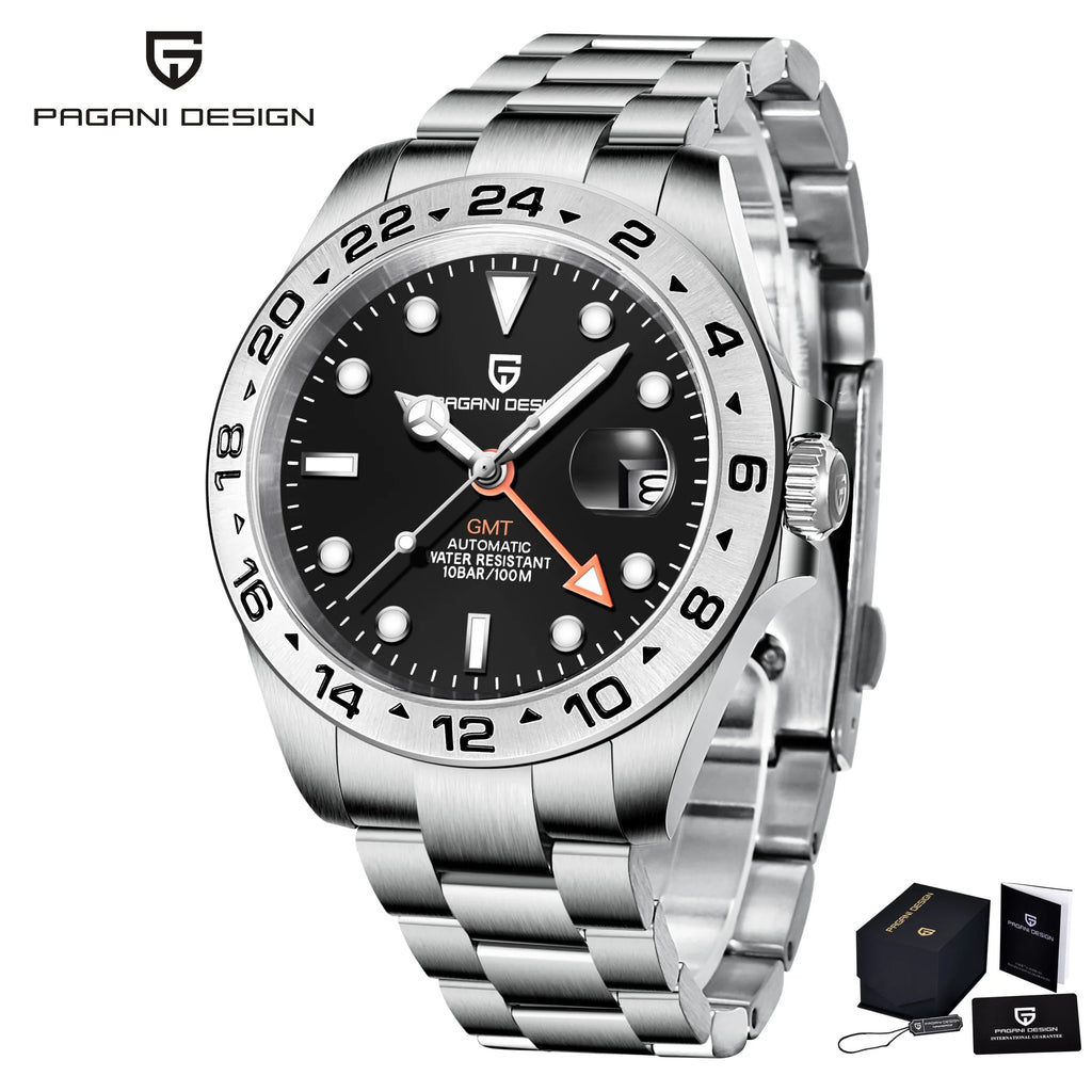 Pagani Design PD1682 Men’s GMT Watch 42mm Automatic Mechanical DG5833 Sapphire Crystal Stainless Steel Waterproof Black Vintage