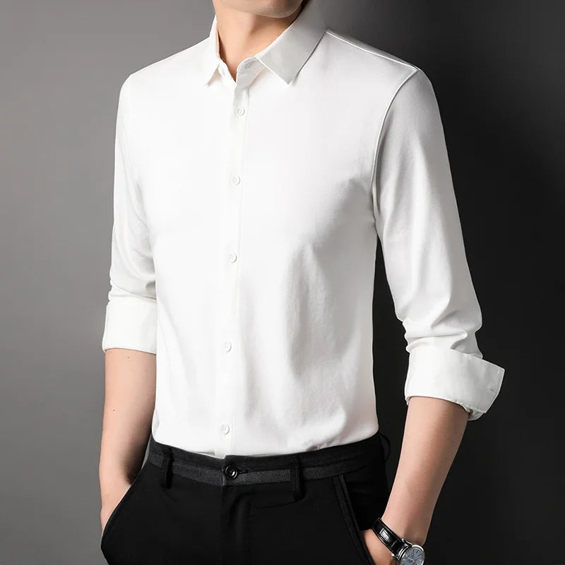 Top Grade Mulberry Silk 5.2% New Slim Fit Fashion Designer Brand Luxury Men Shirts 2025 Long Sleeve Plain Casual  Mens Clothes