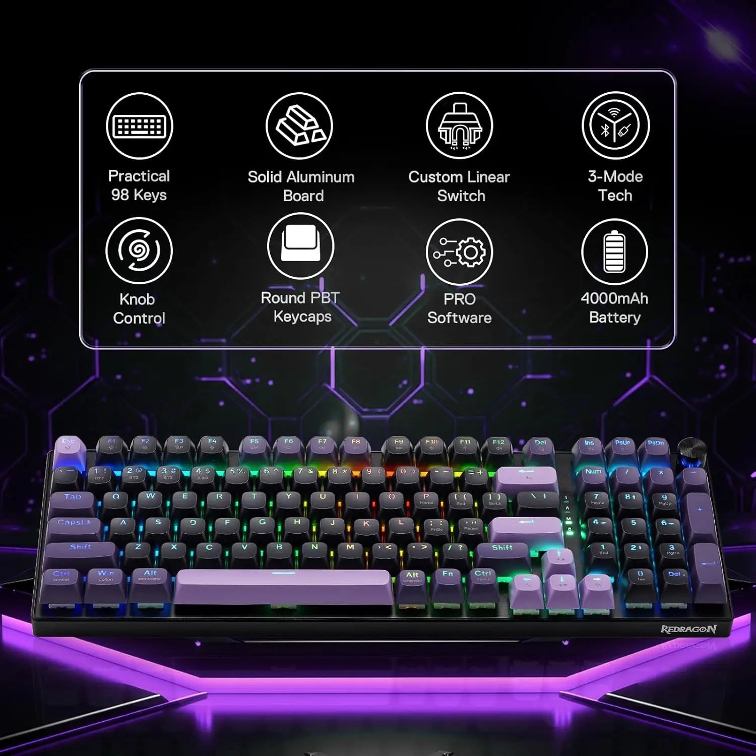 Redragon K740 PRO 98 Keys Wireless RGB Gaming Keyboard, 3-Mode PBT Mechanical Keyboard w/Solid Aluminum Base,