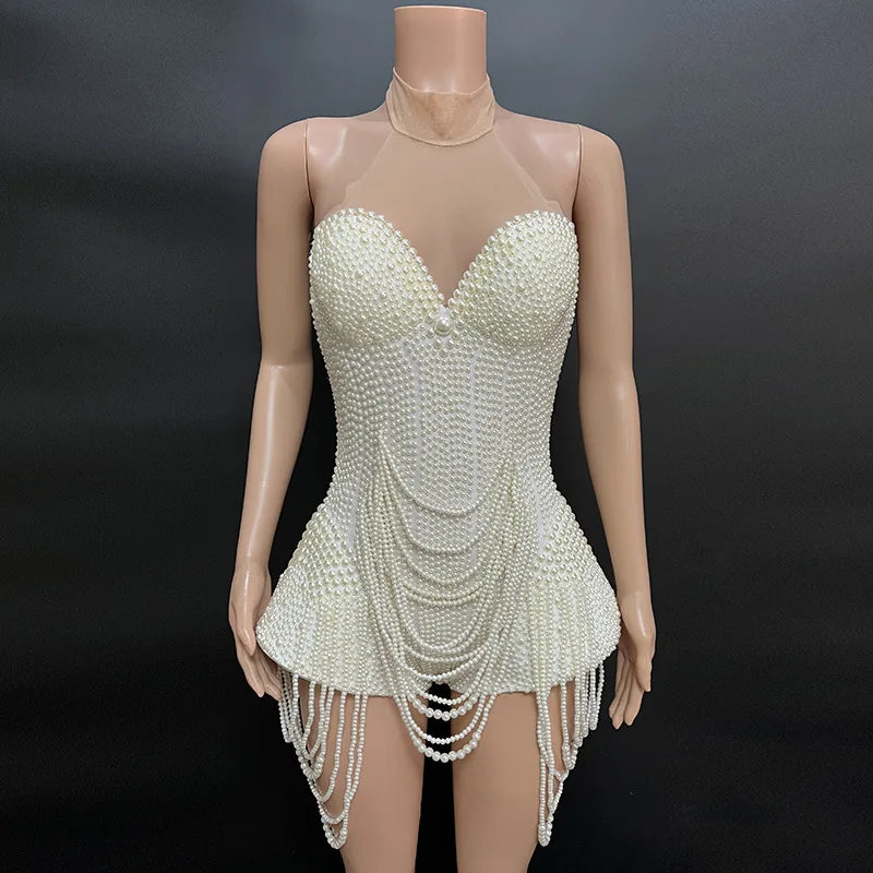 2025 white Pearl Elegant Skirt Dress Concert Women's Cute Dress birthday party dress woman sexy A-word Luxury dress Graduation