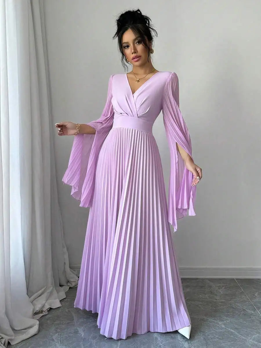 Lavender V-Neck Pleated Maxi Dress with Bell Sleeves Elegant Formal Gown
