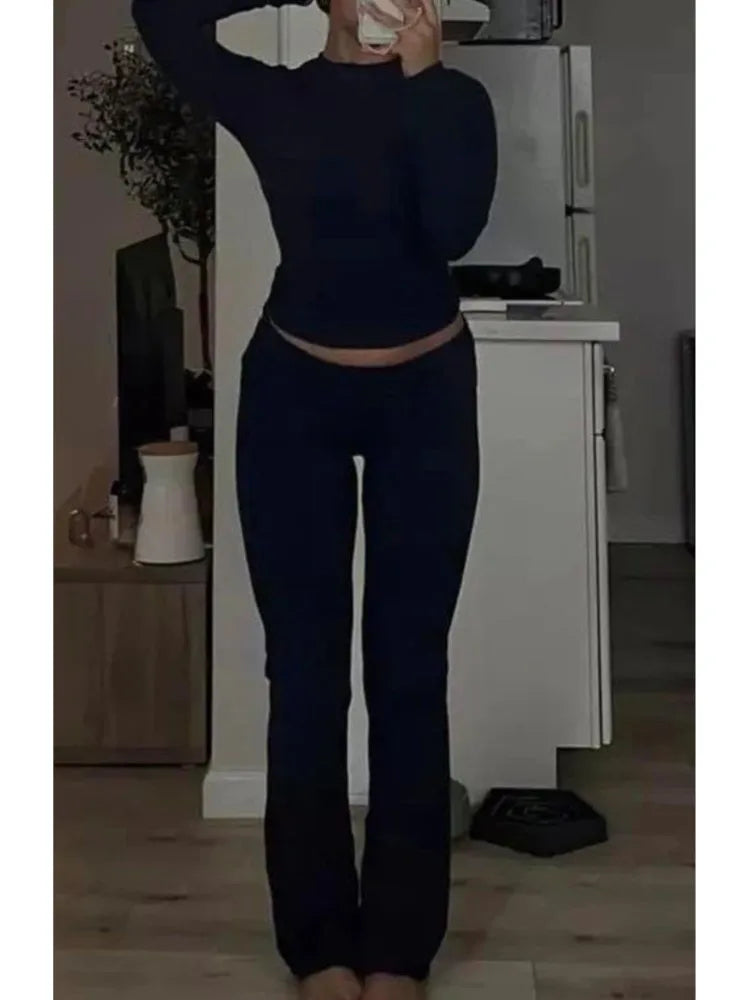Lady Casual Solid Slim Set Fashion O Neck Long Sleeve Tops+High Waist Pants Two Piece Sets For Women Sports Womens Clothing New