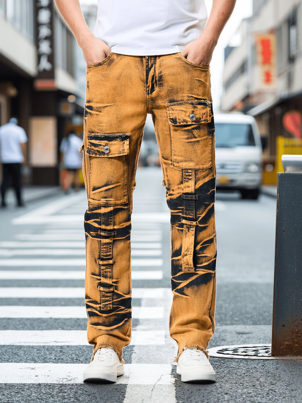 Men's straight ripped jeans, fashionable camouflage printed jeans, street fashion