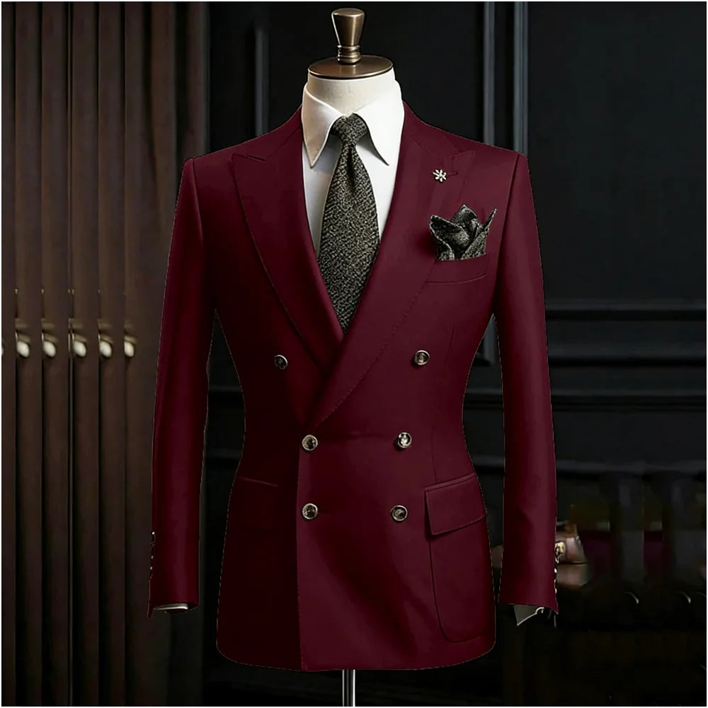 Formal Men's Suits Slim Fit Double Breasted Peaked Lapel Wedding Groom Prom Custom Male Clothing 2 Piece Jacket Pants Sets