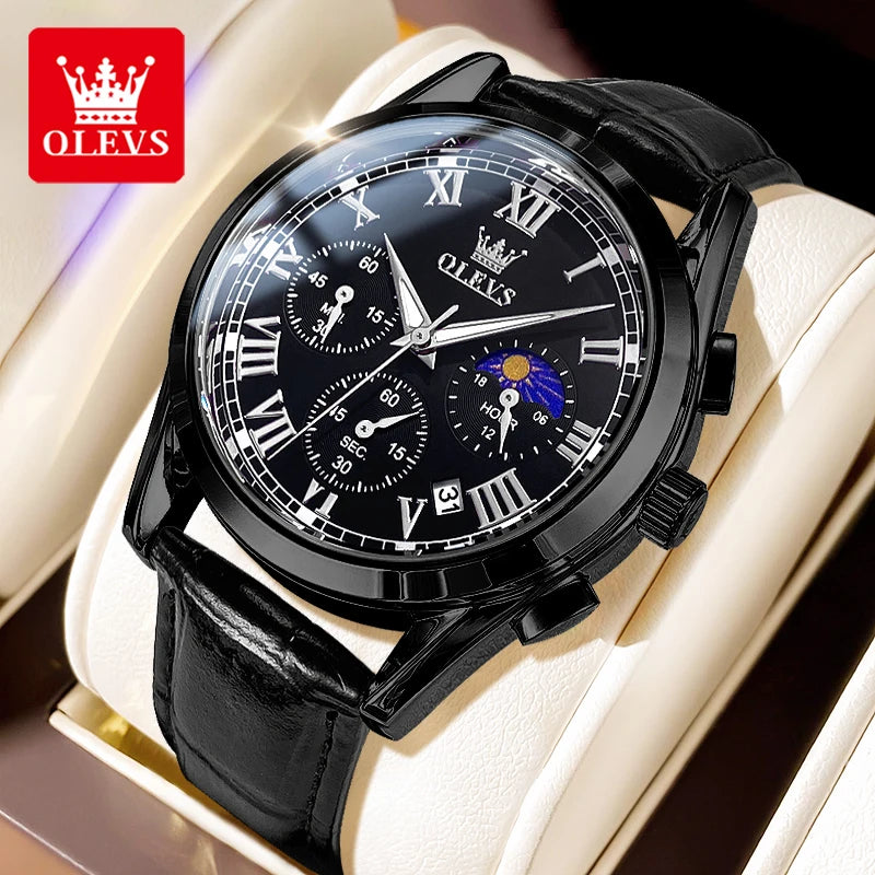 OLEVS 2871 Quartz Watches for Men Fashion Leather Strap 30M Waterproof Chronograph 24 Hour Moon Phase Auto Date Luxury Man Watch