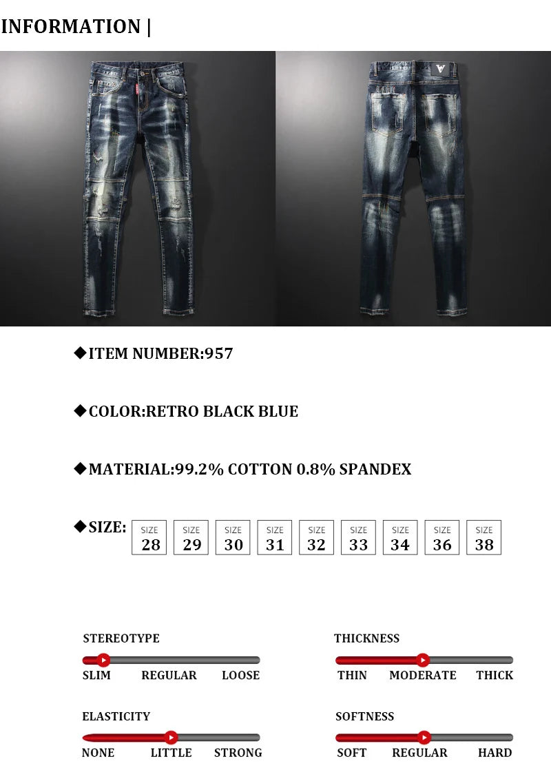 Streetwear Fashion Men Jeans Retro Black Blue Elastic Slim Fit Ripped Jeans Men Spliced Designer Embroidery Hip Hop Denim Pants