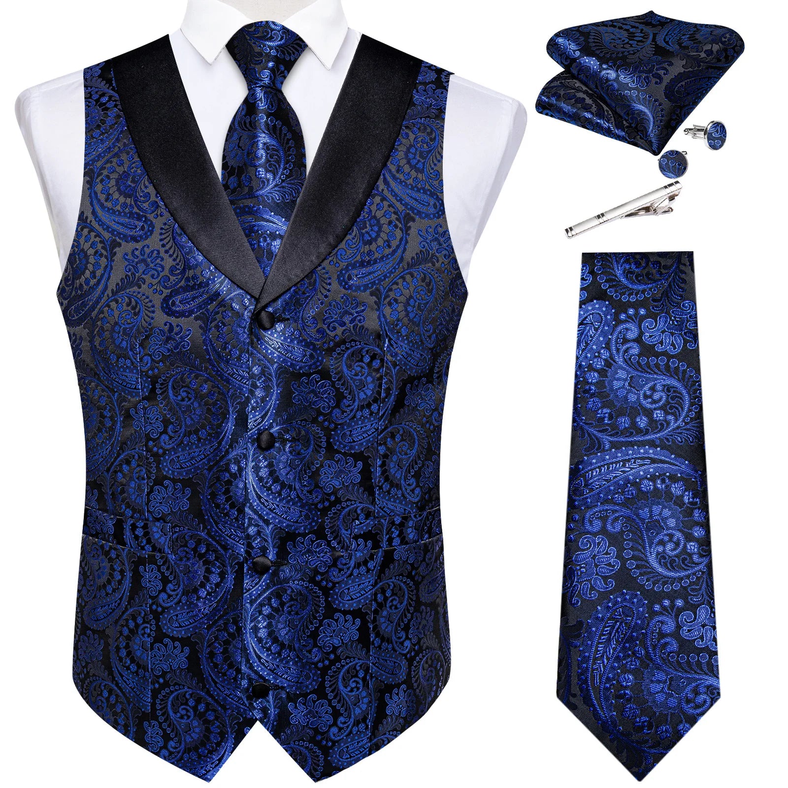 Suit Vest Set For Men Wedding Luxury Gray Paisley Dress Vests Necktie Clip Cufflinks Handkerchief Male Sleeveless Waistcoat Gift