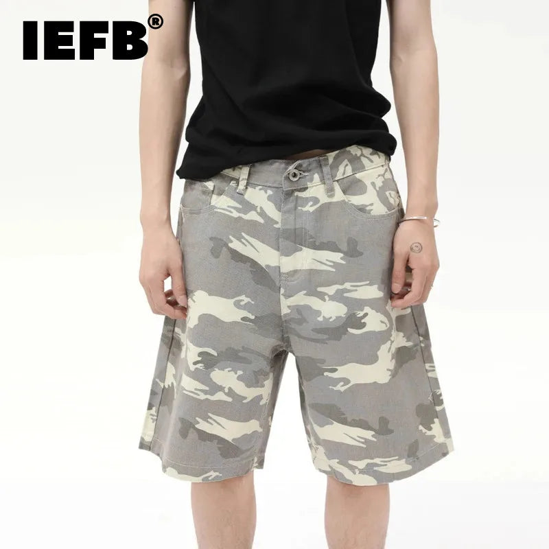 IEFB Men's Wear American Style Camouflage Jorts Loose Wide Leg Casual Pants Versatile Washed Denim Shorts New Trendy 9A8588