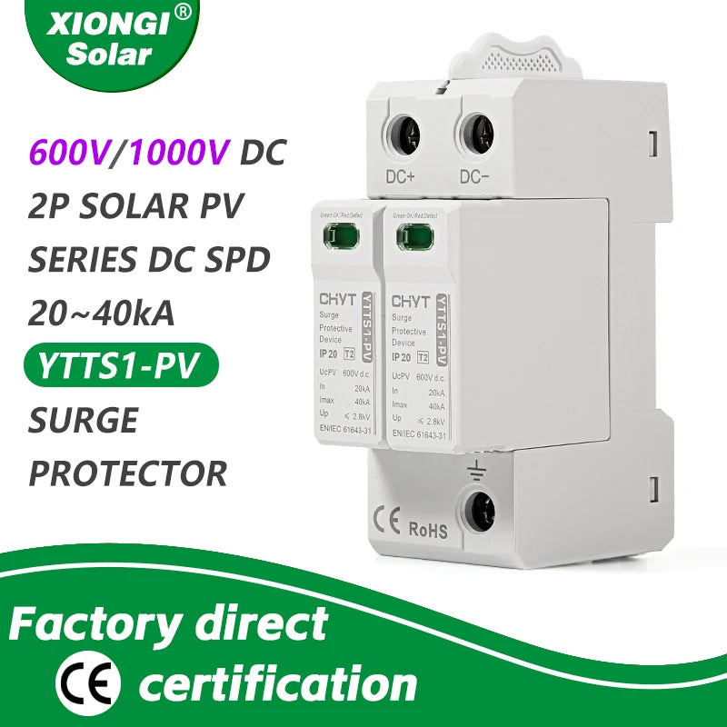 XIONGISOLAR DC SPD Surge Protective Device 600V 1000V 2P 20KA-40KA Voltage Protector Solar PV Photovoltaic Lightning Arrester