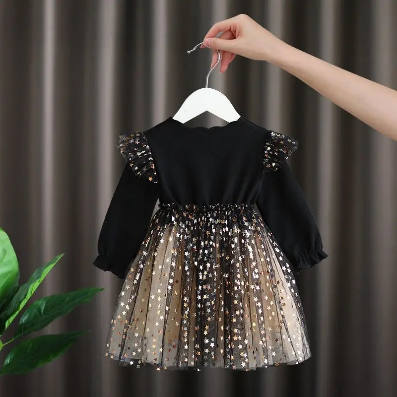 1 to 7 Years 2024 New Baby Black Dress Spring and Summer New Korean Girl Cotton Tutu Skirt Star Net Gauze Princess Dress