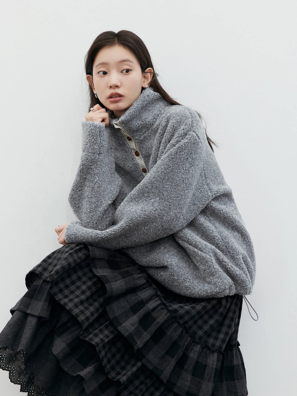 CHIC VEN Korean Women Sweatshirts New Loose Casual Plush Plaid Patchwork Drawstring Female Pullover Coat Autumn Winter 2025