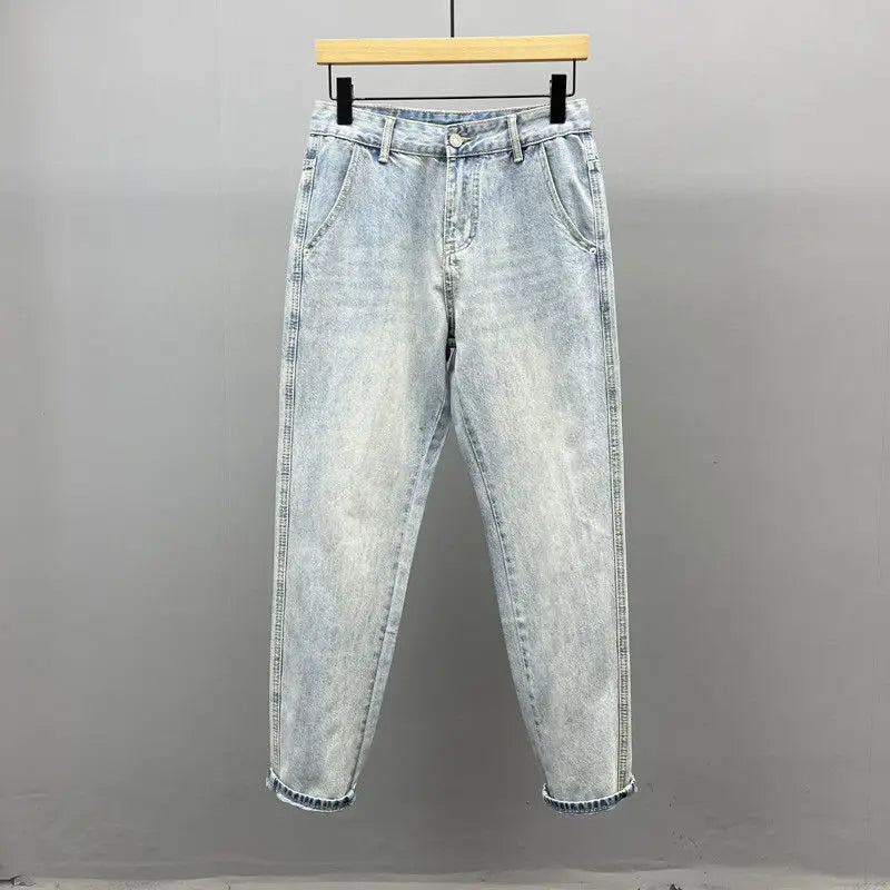 Slant Pocket Light Blue Slim-fitting Small-footed Jeans Men's Streetwear Simple Retro High Street Trousers Trendy Men's Pants