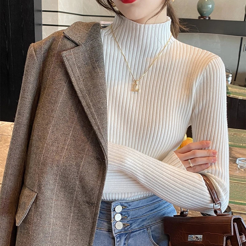 New Women's Elegant Solid Basic Knitted Tops Women Turtlneck Sweater Long Sleeve Casual Slim Pullover Fashion Simple Chic Tops