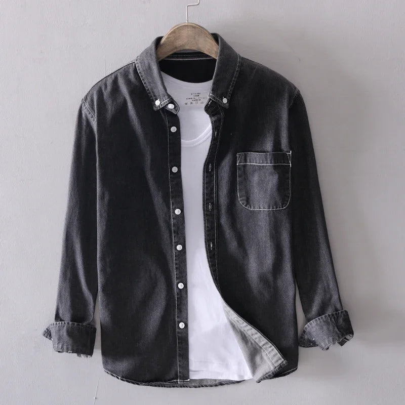 Autumn New 100% Cotton Men's Denim Shirt Casual Male Long-sleeved Shirts Street Japanese Fashion Slim Clothes Light Blue Black