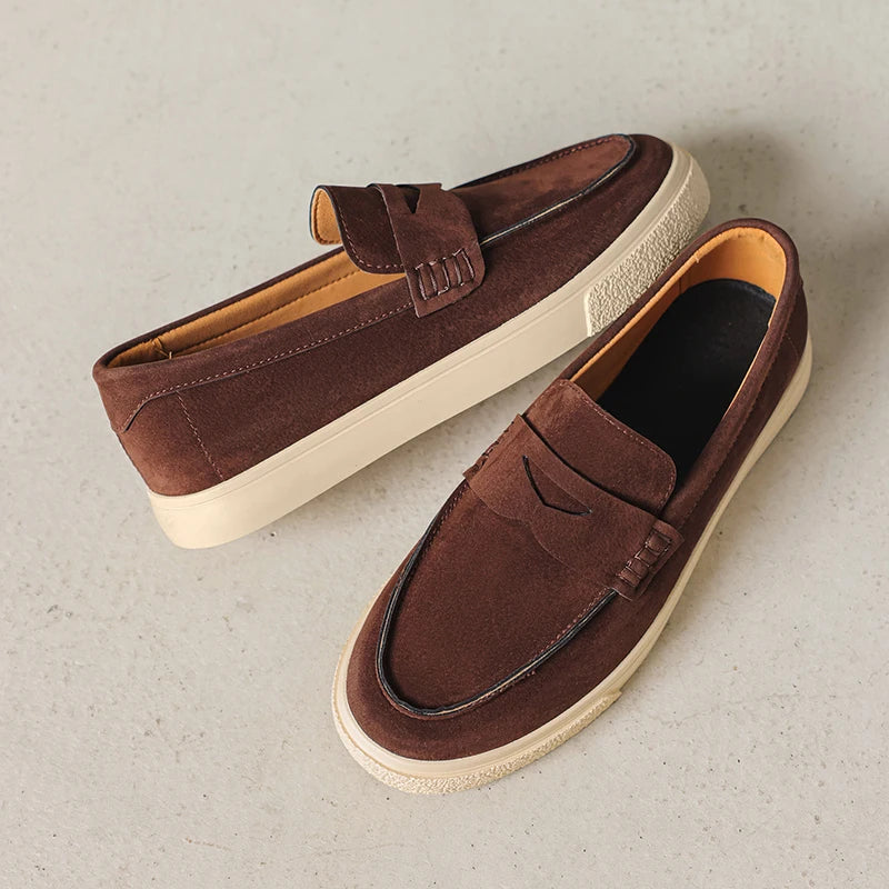 2025 Men's Genuine Suede Loafers 39-44, Black Round-Toe with Decorative Flap & Stitching Details, Brown Lined Comfortable Fit