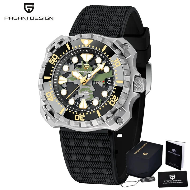 PAGANI DESIGN Men's Mechanical Watch Military Camouflage Hollow Dial NH35 Movt Sapphire 200m Waterproof Automatic Wristwatch