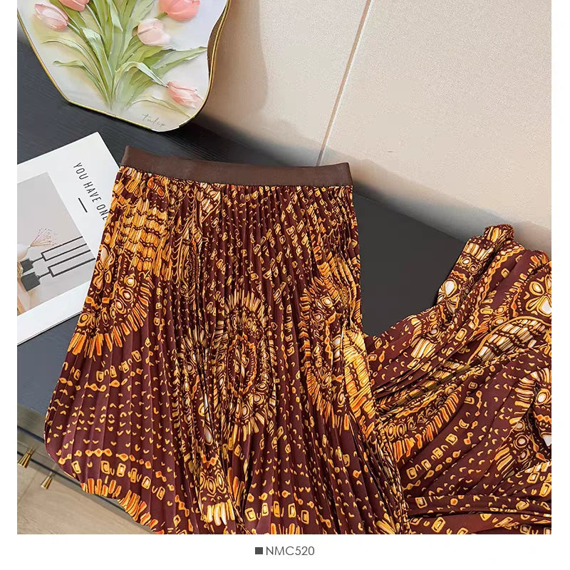 Bohemian Print Beach Skirts Female High Waist Flowy A-Line Pleated Maxi Skirt for Vacation Resort Wear & Spring Fall Fashion