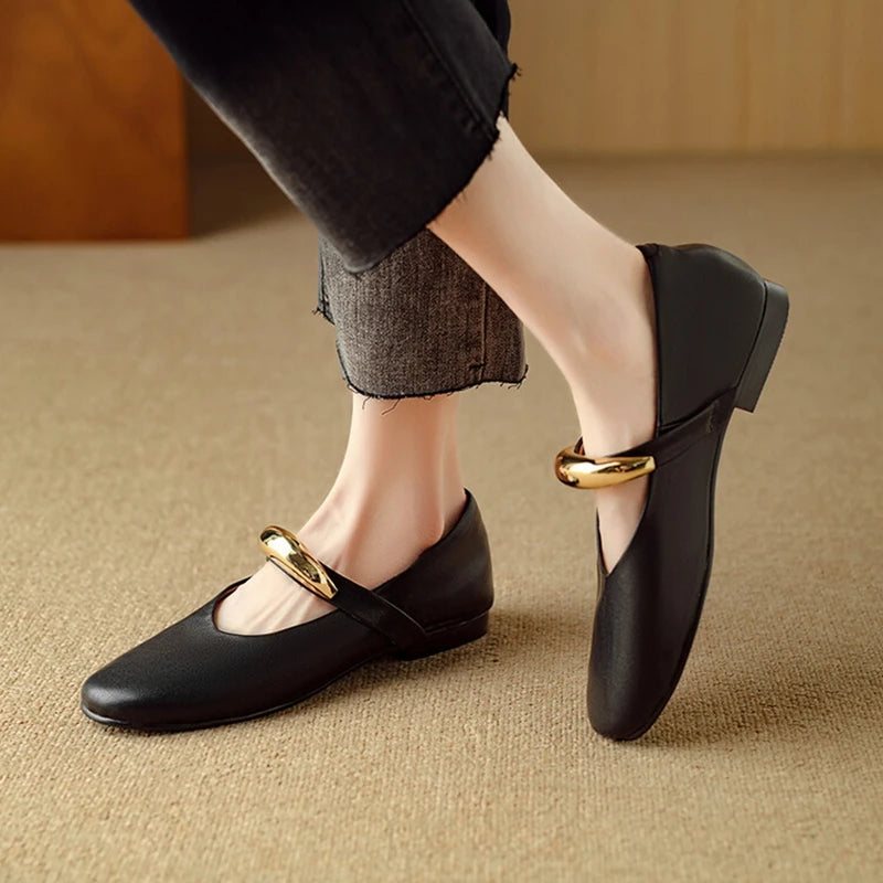 NEW Autumn/Spring Women Pumps Round Toe Low Heel Shoes Split Leather Shoes for Women Concise Metal Decoration Handmade Shoes