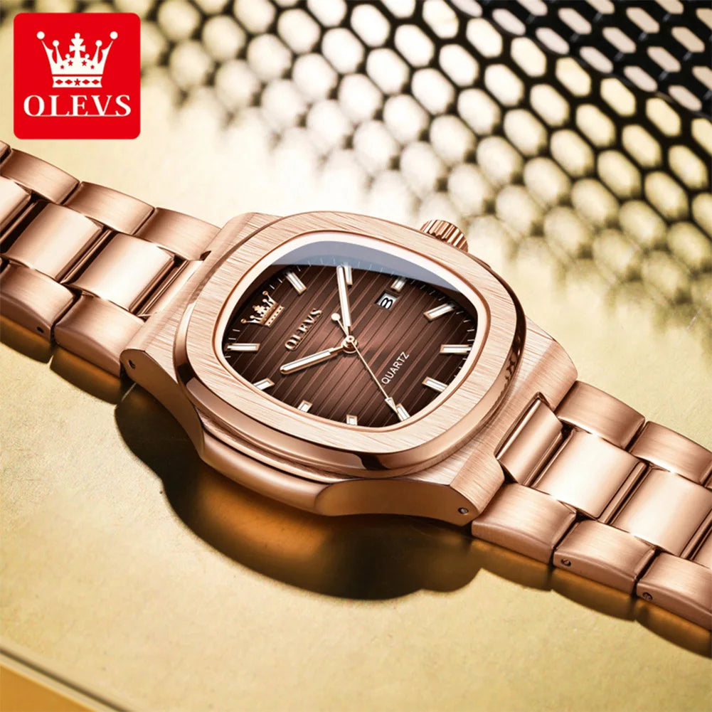 OLEVS Fashion Square Men Watches Business Stainless Steel Rose Gold Quartz Watch Calendar Date Male Casual Sports Luminous Clock