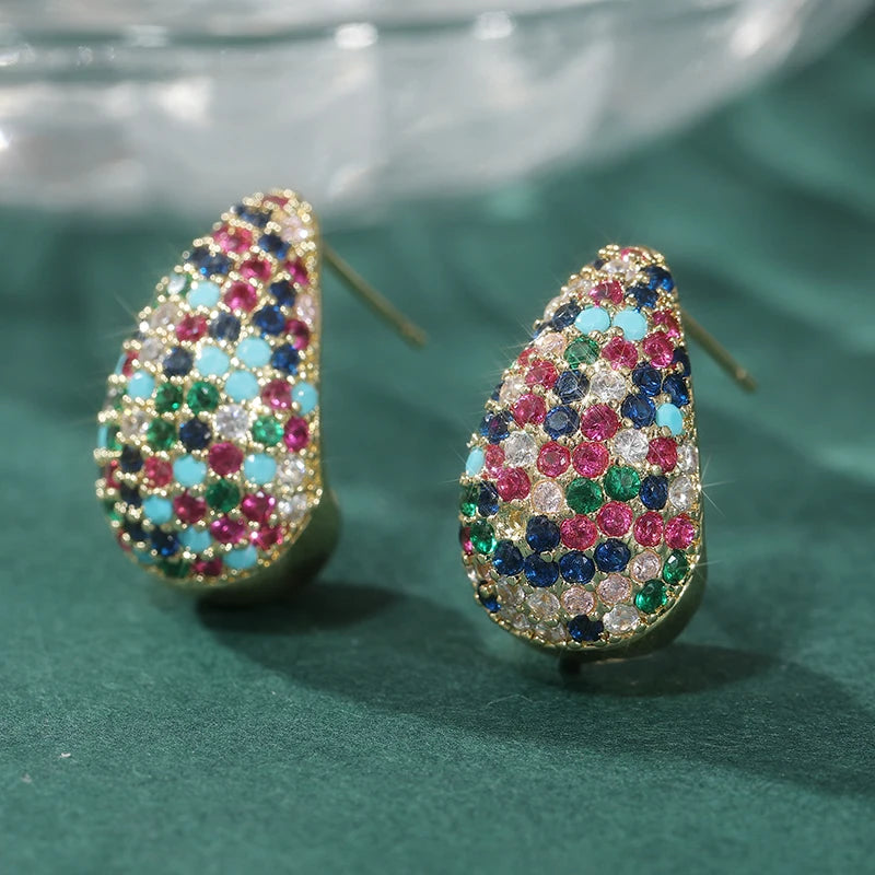 Luxury Gold Color Geometry Inlaid Multicolored Cubic Zirconia Copper Stud Women's Earrings Party Earrings Woman Fashion Jewelry