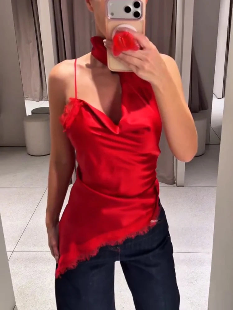 HH Women Fashion Party Tops Sexy Sleeveless Backless Irregular Lace Splicing Decoration Short Top Woman Summer Elegant Solid Top