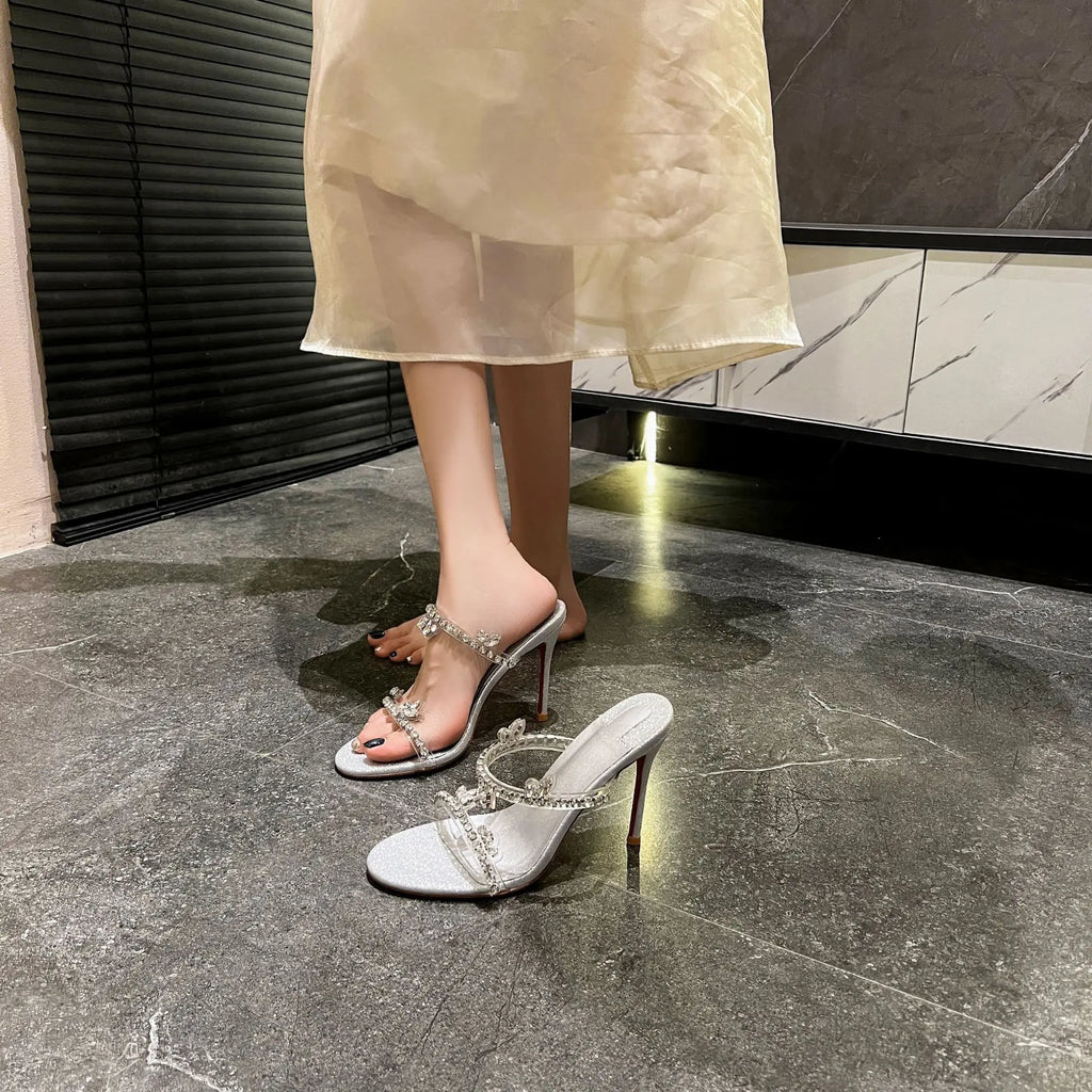 Size 33-41 Summer New Sandals with Transparent Crystal Rhinestones High-heeled Stiletto Women's Slippers  Designer Shoes