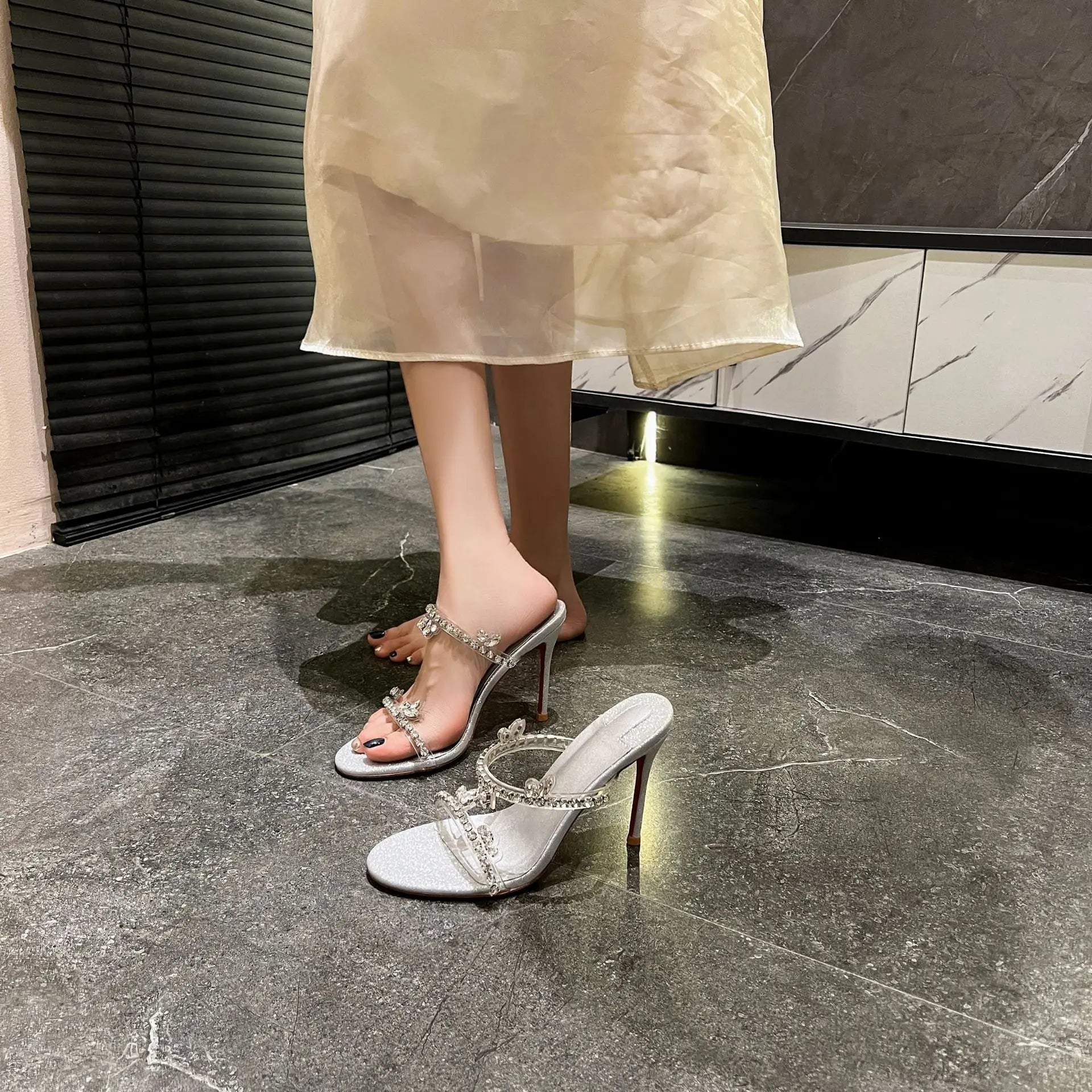 Size 33-41 Summer New Sandals with Transparent Crystal Rhinestones High-heeled Stiletto Women's Slippers  Designer Shoes