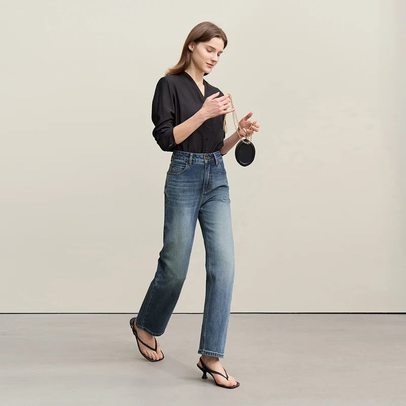 Amii Women's Jeans 2026 Summer New Mid Low Rise Cotton Stretch Denim Tapered Pants Embroidered Casual Woman Trousers 12641114