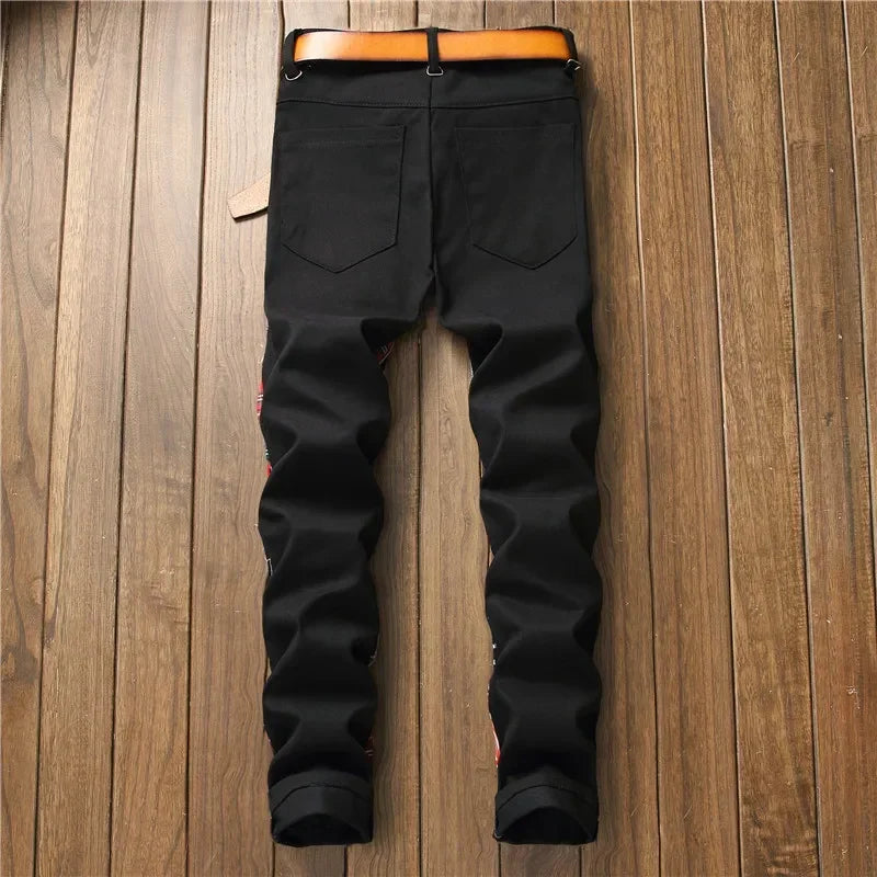 Mens Black Jeans High-quality Street Cotton Fashion Patchwork Jeans Men Stretch Street Hip Hop Slim Fit Holes Punk Denim Pants