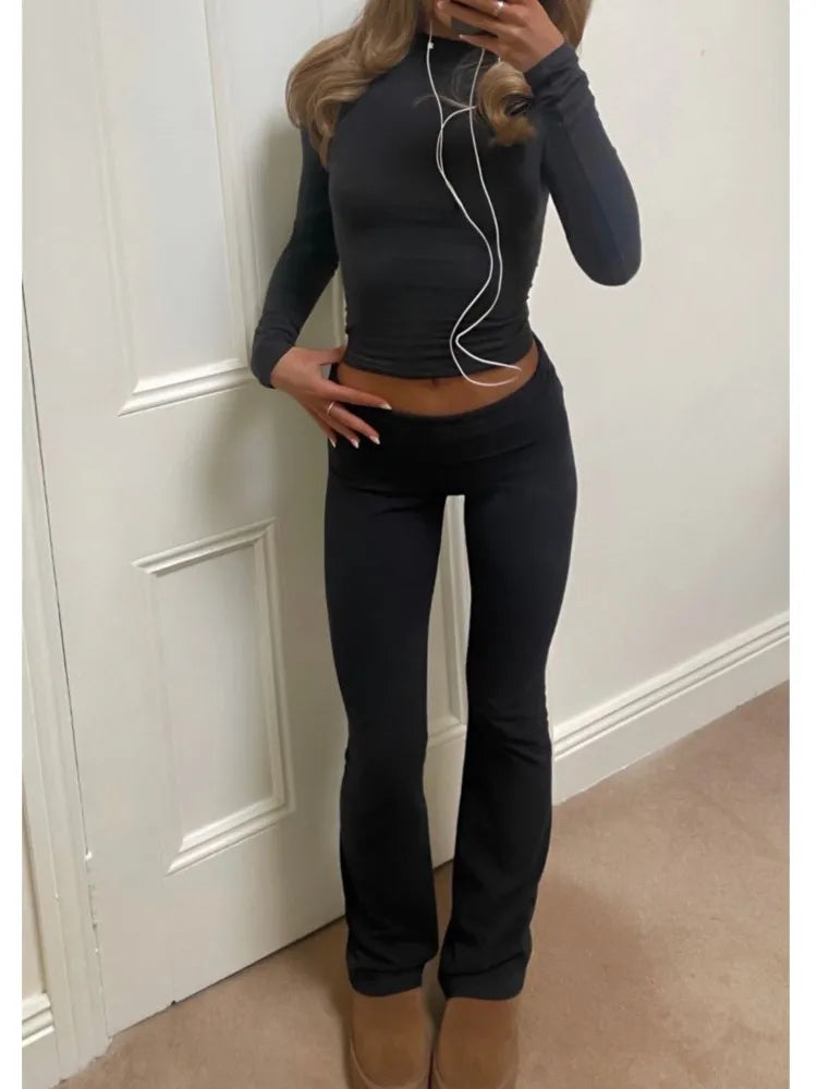 Lady Casual Solid Slim Set Fashion O Neck Long Sleeve Tops+High Waist Pants Two Piece Sets For Women Sports Womens Clothing New