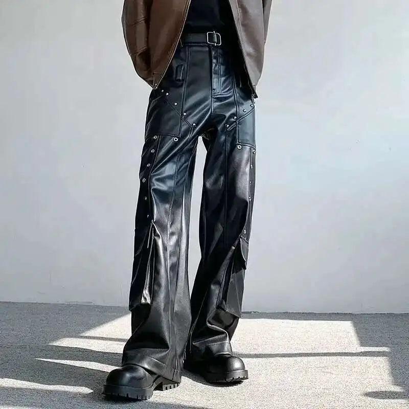 IEFB Spring Men's Leather Trousers Rivet Niche Design PU Casual Pants Solid Color Wide Leg Male Streetwear Niche Design 24X3131