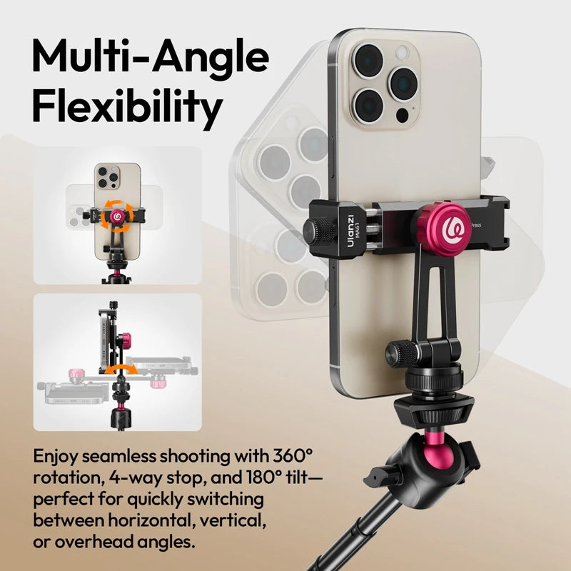Ulanzi MA61 QuickClip Phone Clamp with Cold Shoe Mount with 360° Rotation 1/4" Screw 65-90mm Width for Tripod Video Light Mount