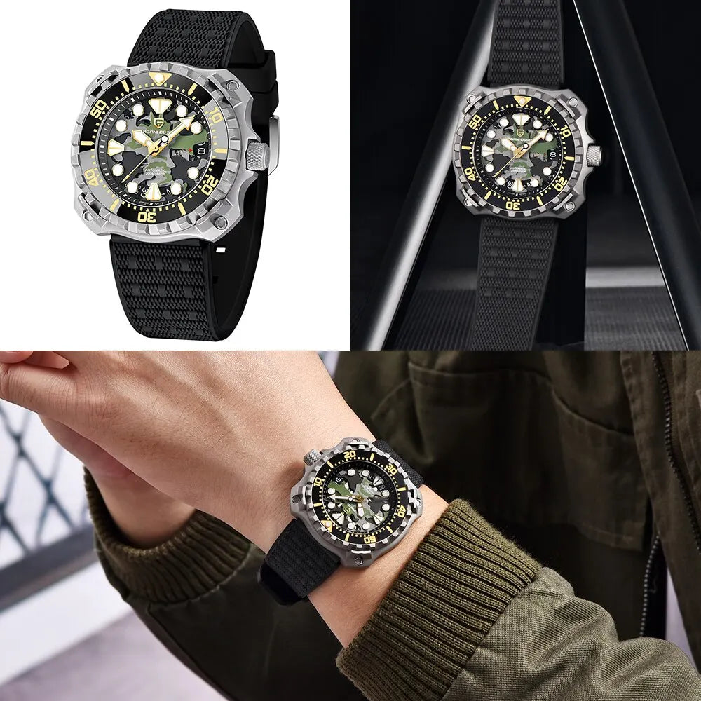 PAGANI DESIGN Men's Mechanical Watch Military Camouflage Hollow Dial NH35 Movt Sapphire 200m Waterproof Automatic Wristwatch