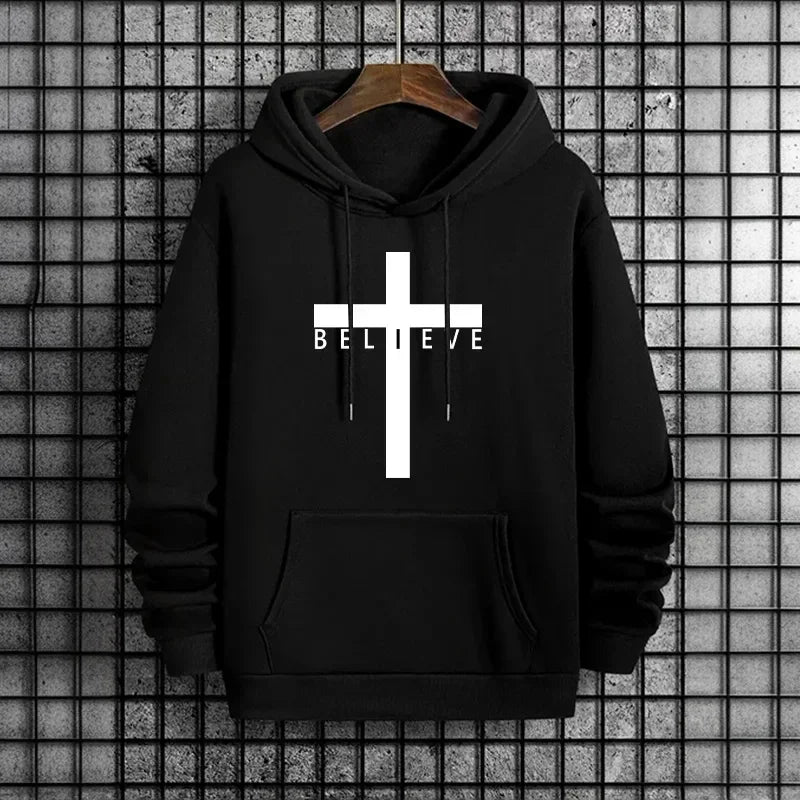 Jesus Cross Printed Men Hoodies Urban Casual Streetwear Fashion Hooded Sweatshirt Male Trendy 2026 Autumn Winter Hoody Outerwear