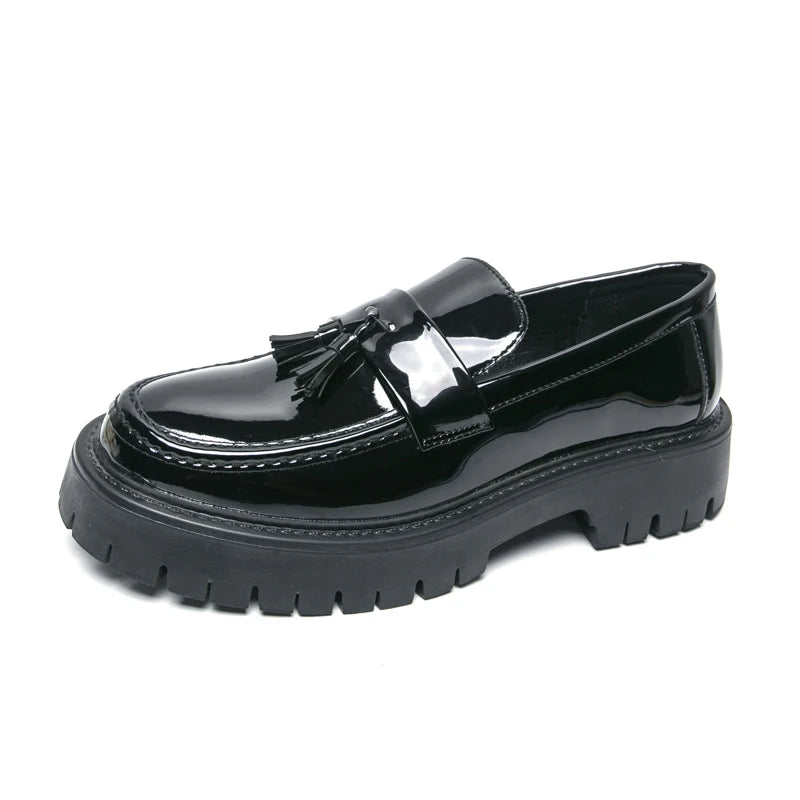 High-end luxury leather shoes for men British height-increasing thick-soled trendy shiny surface casual loafers on one foot