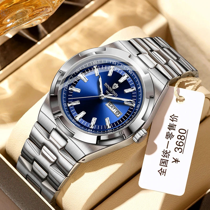 BINBOND Men's Watch Fashion Trend Night Light Calendar Waterproof Business Leisure Steel Strip Men's Watch Watches for man B025