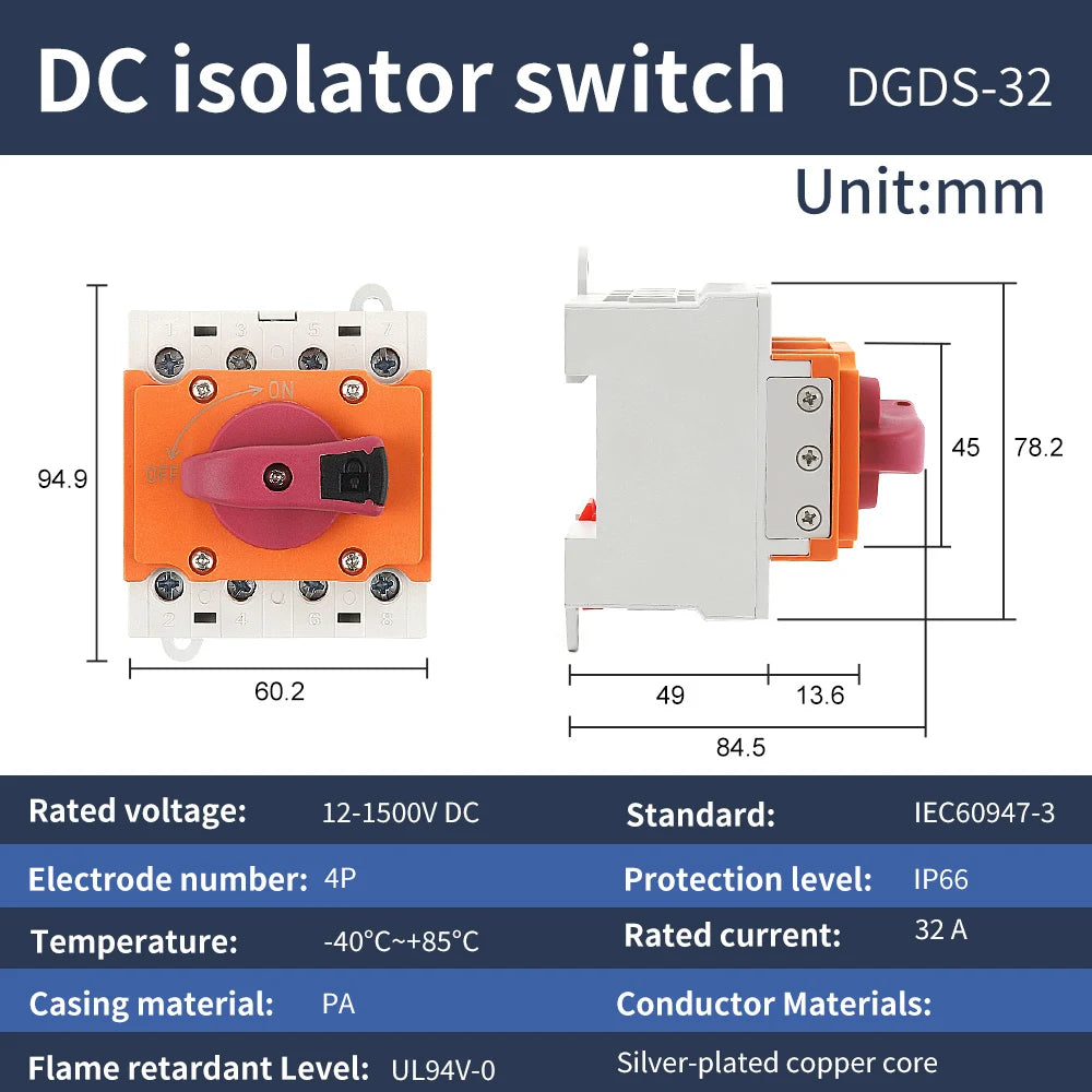 4P DIN-Rail Mount DC Isolator Rotary Switch 32A DC 1200V/1500V Rotating Handle Disconnect Switch for PV Distribution Box