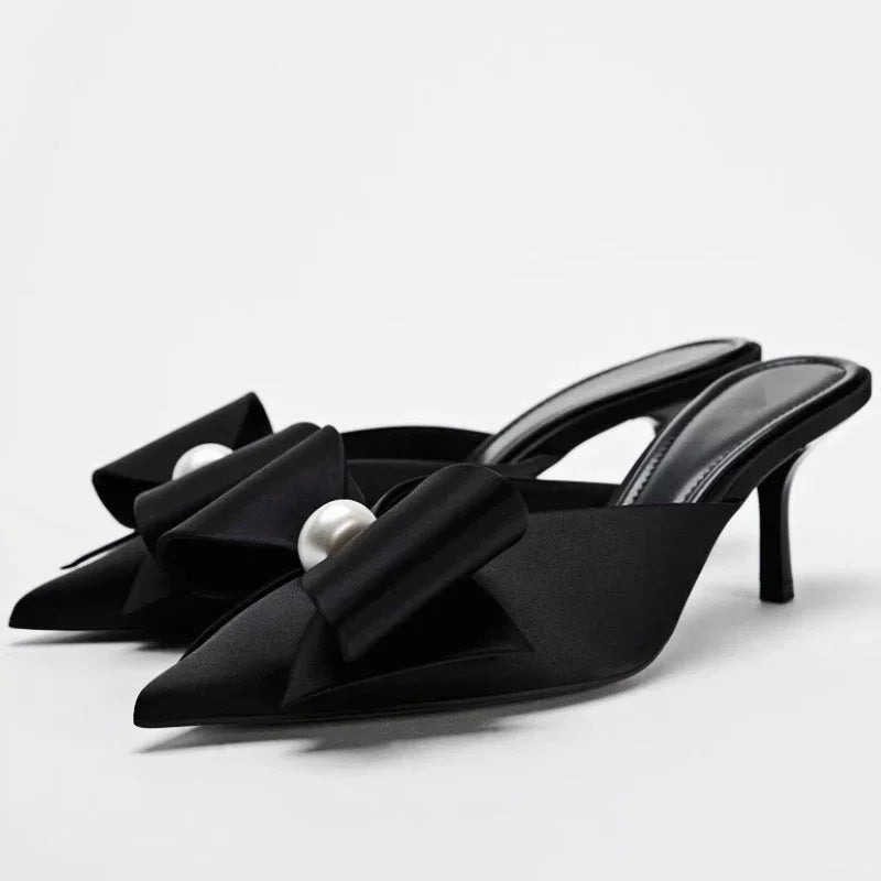 Butterfly-knot Satin Designer Mules Slippers Women Pointed Toe High Heels Banquet Party Shoes Fashion Brand Sandals Ladies Pumps